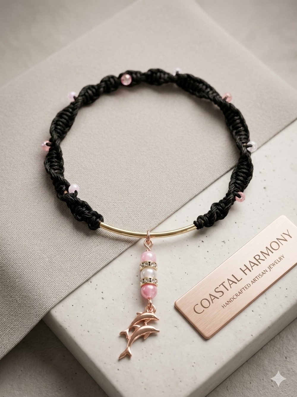 Coastal Harmony Pink and Black Dolphin Charm Bracelet